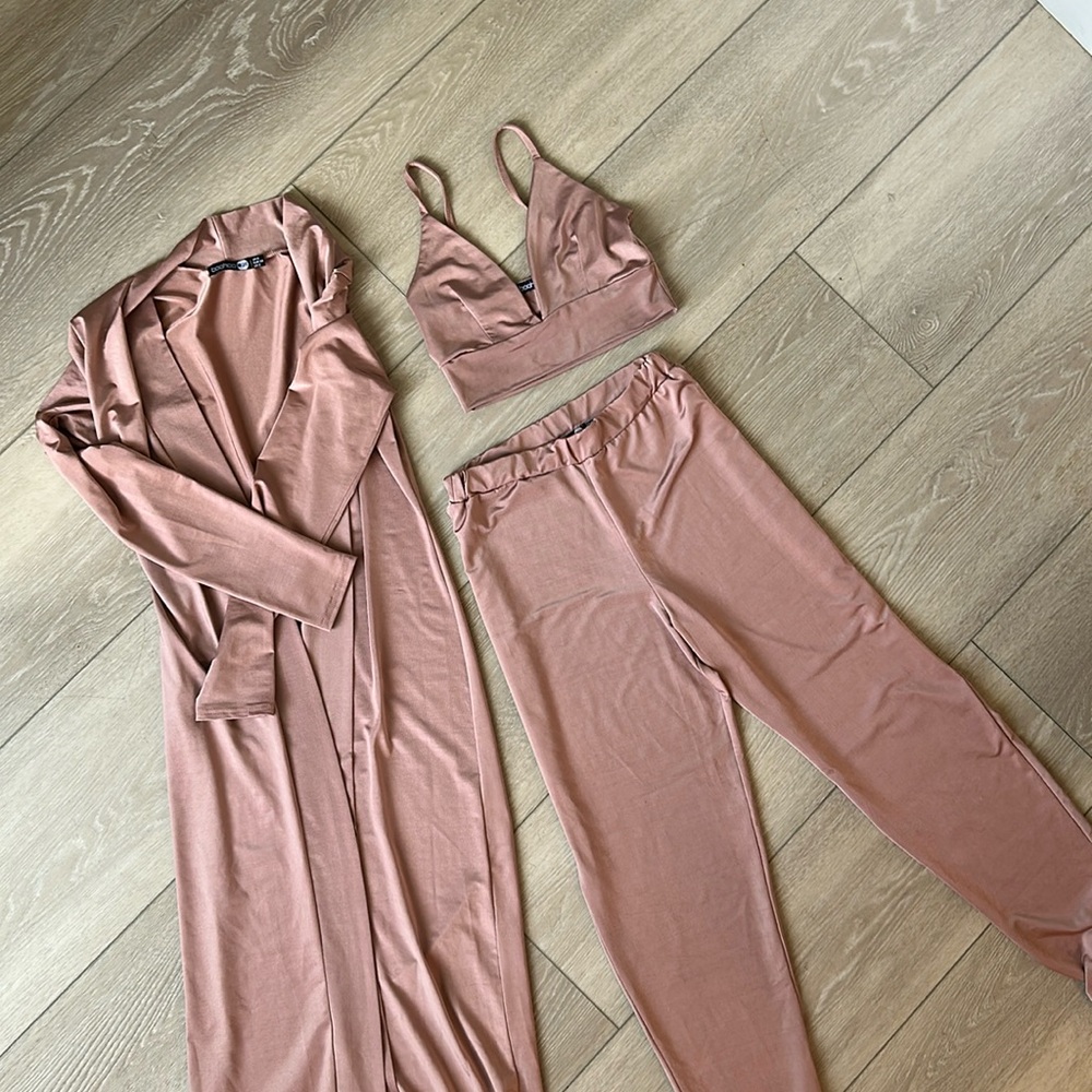 Boohoo SET - silk, dusted rose, long cardigan, crop & pants- small